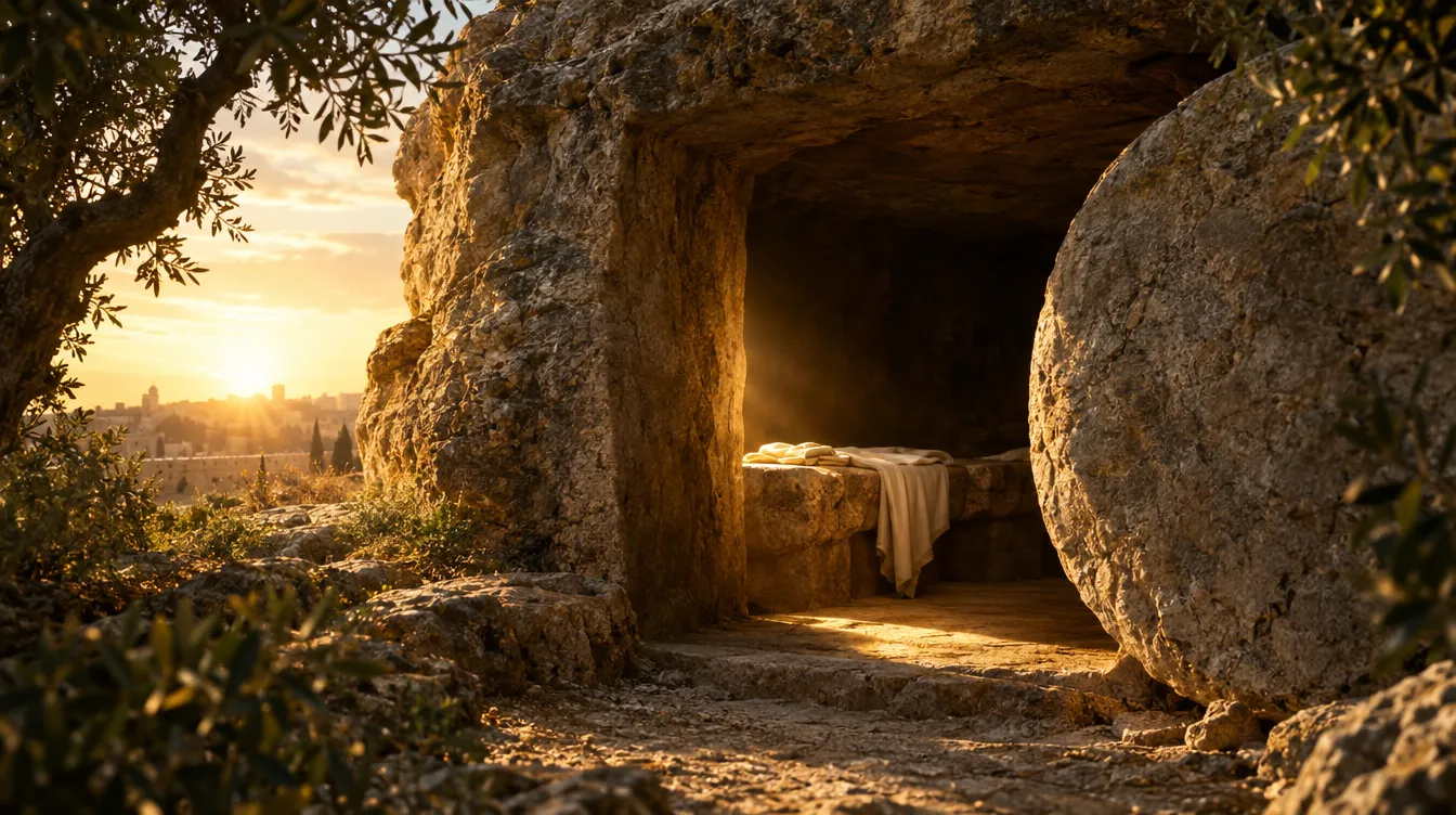 A rock-cut tomb entrance in the Judean hills at dawn, its stone rolled away