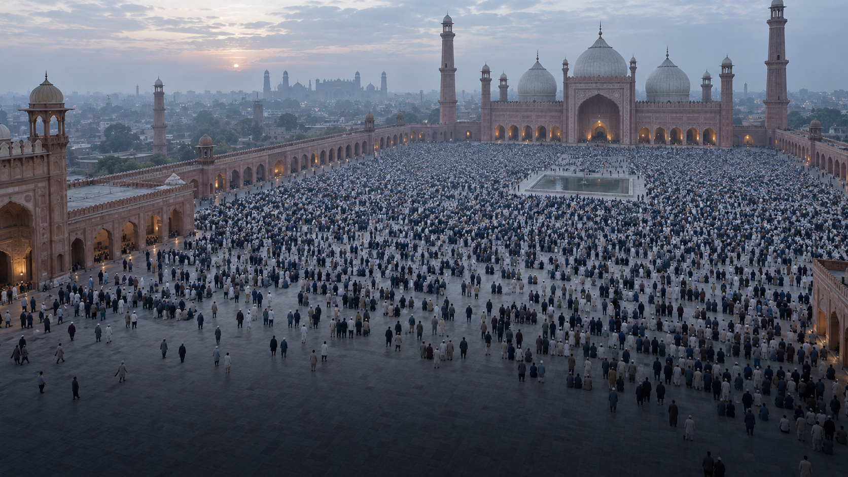 AI-generated illustration of an immense crowd seen from above in a mosque courtyard; no identifiable faces