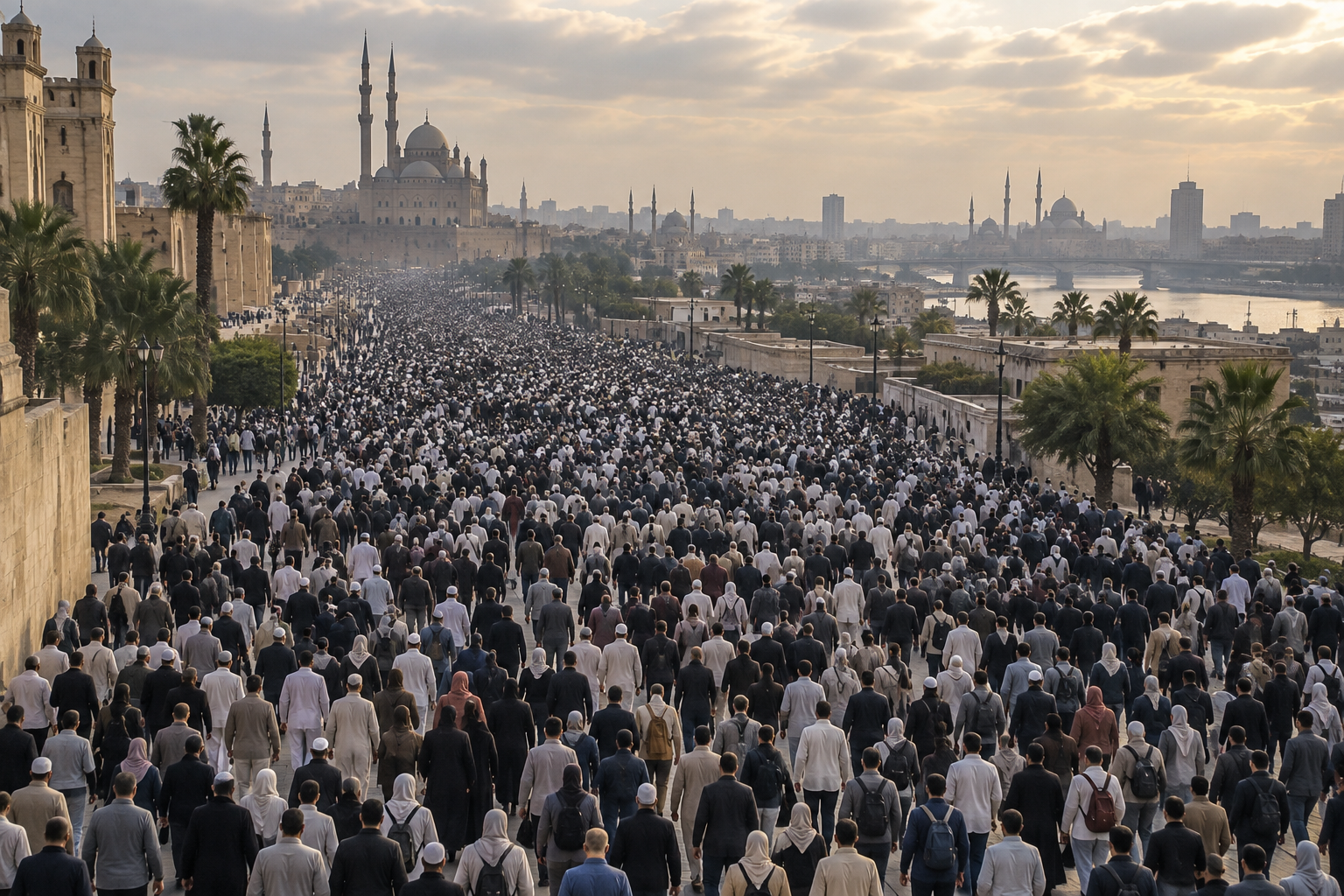 AI-generated illustration of a vast crowd viewed from behind in a city with mosques; no identifiable faces
