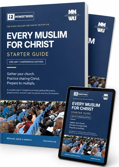 Every Muslim for Christ Starter Guide, one-day conference edition, shown as a printed guide and on a tablet